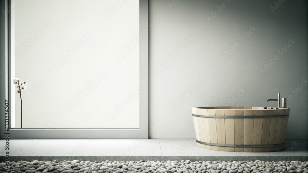 Aufkleber a soothing bathroom enhanced with smooth pebbles lining the floor and a wooden soaking tub where nat