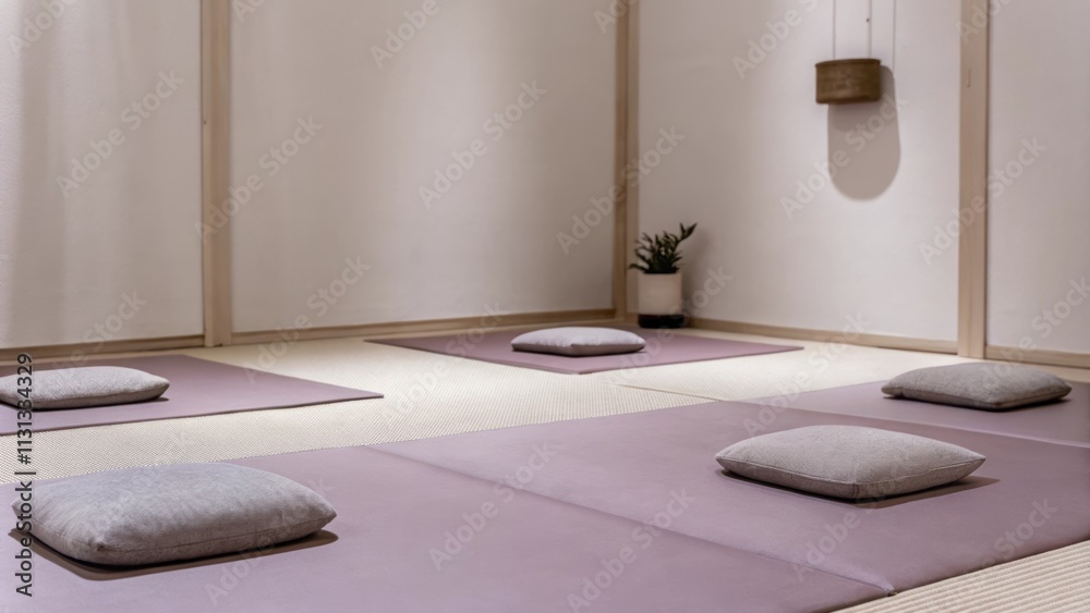 Poster a calm meditation space featuring a muted mauve mat soft gray cushions in a circle and a wall adorne