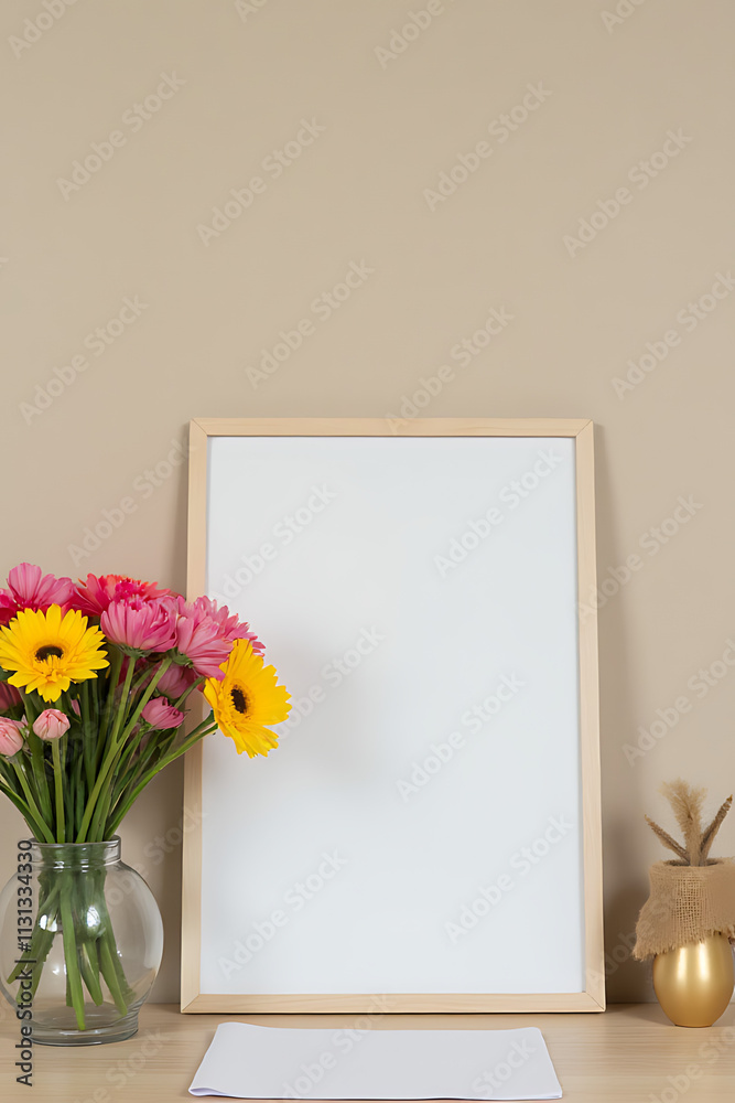 Poster a minimalist home office setup features a simple desk with a colorful flower bouquet and notepaper o