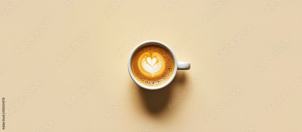 Aufkleber top view of a coffee cup with intricate latte art on creamy background highlighting warm tones and c