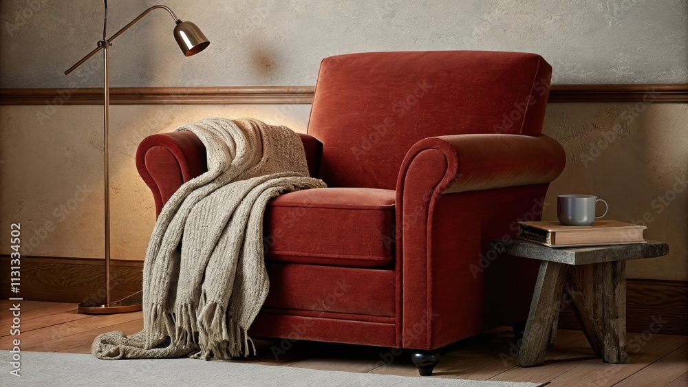 Fototapete a cozy reading nook nestled in a corner with a taupe armchair a beige throw blanket and soft grey cu