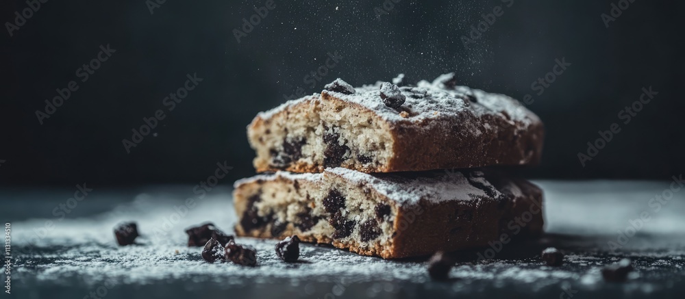 Poster traditional stollen dessert with detailed view showcasing texture and powdered sugar on a dark backg