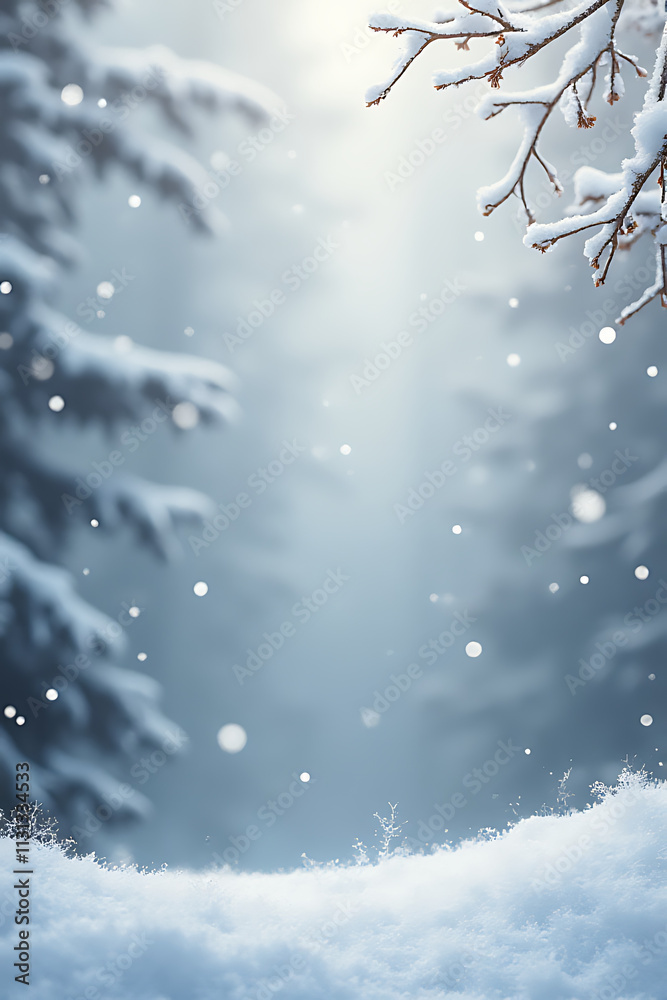 Poster a marble textured background features a serene winter scene with gentle snowflakes falling softly in