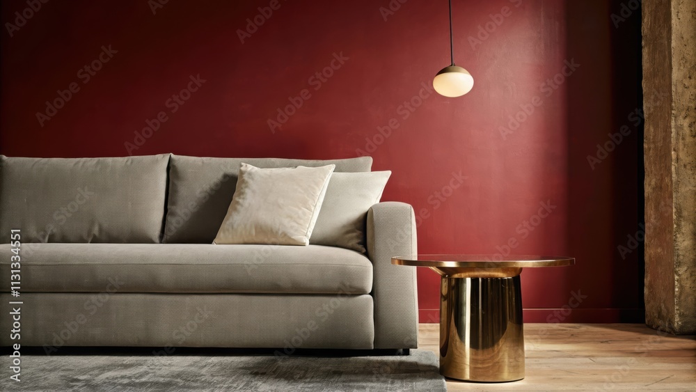 Poster A zeninspired living room with a minimalist gray sofa adorned with plush white pillows complemented by a polished gold coffee table that adds a striking focal point under a