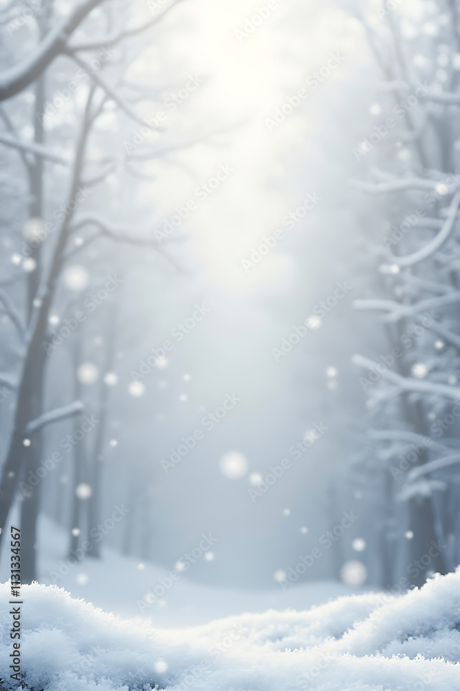 Poster a marble textured background features a serene winter scene with gentle snowflakes falling softly in