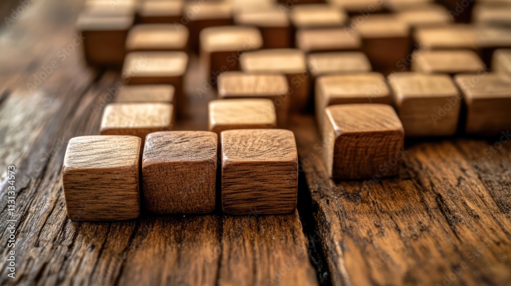 Poster Wooden blocks arranged to form a word on a rustic wooden surface showcasing craftsmanship and creativity in design elements
