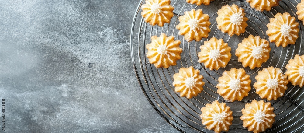 Poster Gingerbread cookies arranged on a wire rack showcasing decorative patterns against a textured grey stone countertop background