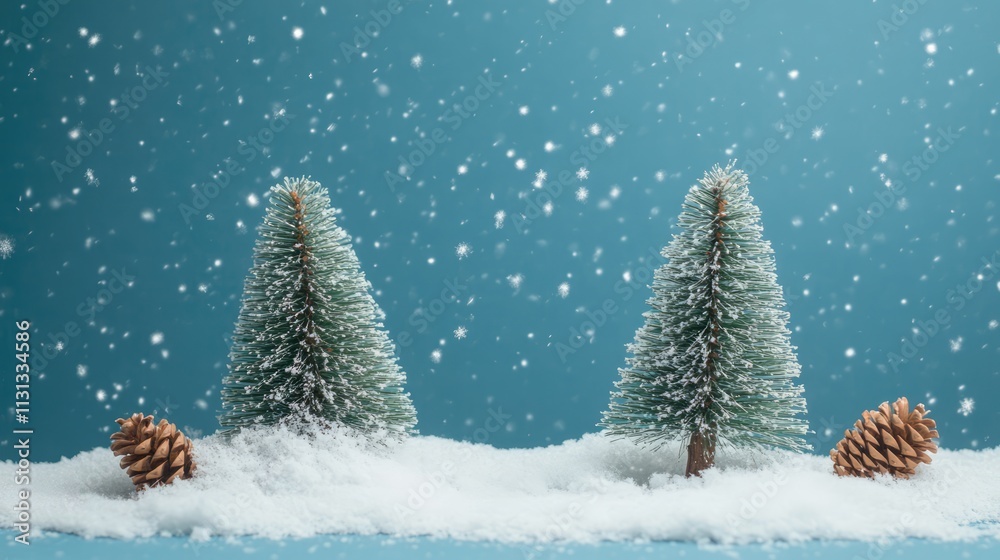 Poster festive christmas tree and pine cones in snow creating a winter wonderland scene for holiday greetin