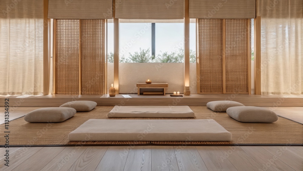 Aufkleber A peaceful meditation space with a simple mat on light hardwood flooring and a low platform for seating. Soft cushions in gentle colors are arranged around a small altar while soft