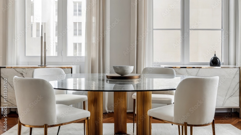 Poster an elegant dining area showcasing a round glass table with brass legs surrounded by minimalist white