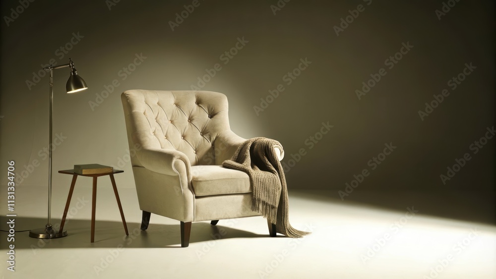 Poster a tranquil reading nook showcases a plush beige armchair beside a soft cream side table with a taupe