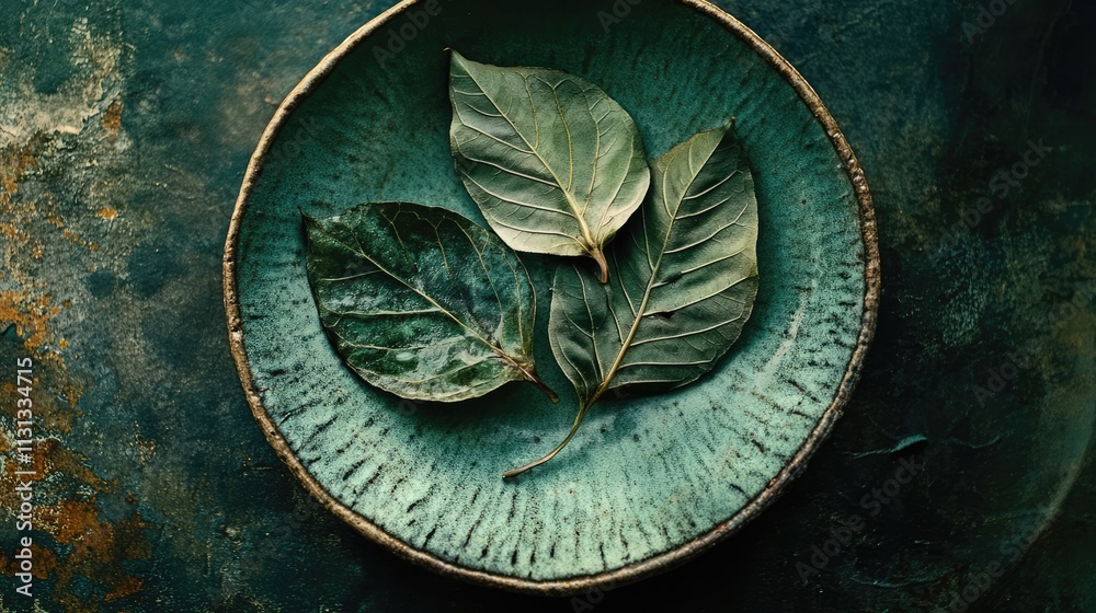 Poster closeup of dried green leaves arranged on a rustic ceramic plate with textured background enhancing 