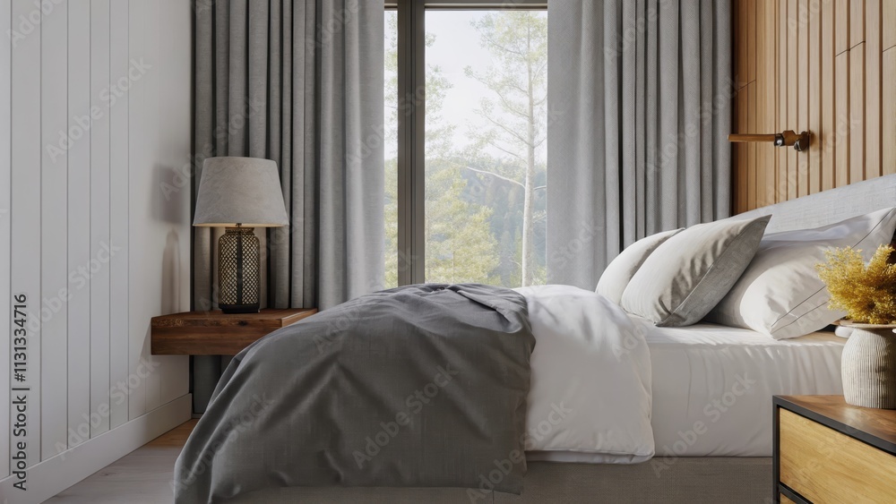 Poster An airy bedroom featuring a lowprofile platform bed dressed in crisp white bedding and a soft gray duvet. Natural light spills through curtains illuminating a bedside table with a