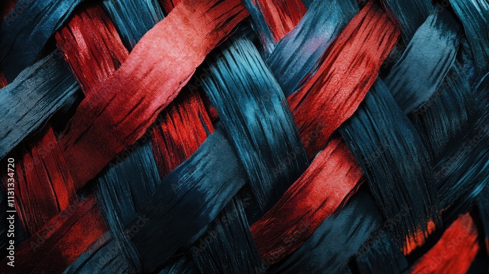 Poster woven fabric texture showcasing intricate patterns in vibrant red and blue hues