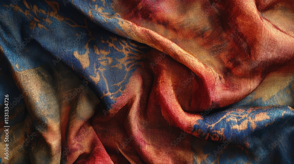 Poster Colorful fabric texture with intricate patterns showcasing rich hues and natural folds for backgrounds and textile design applications.