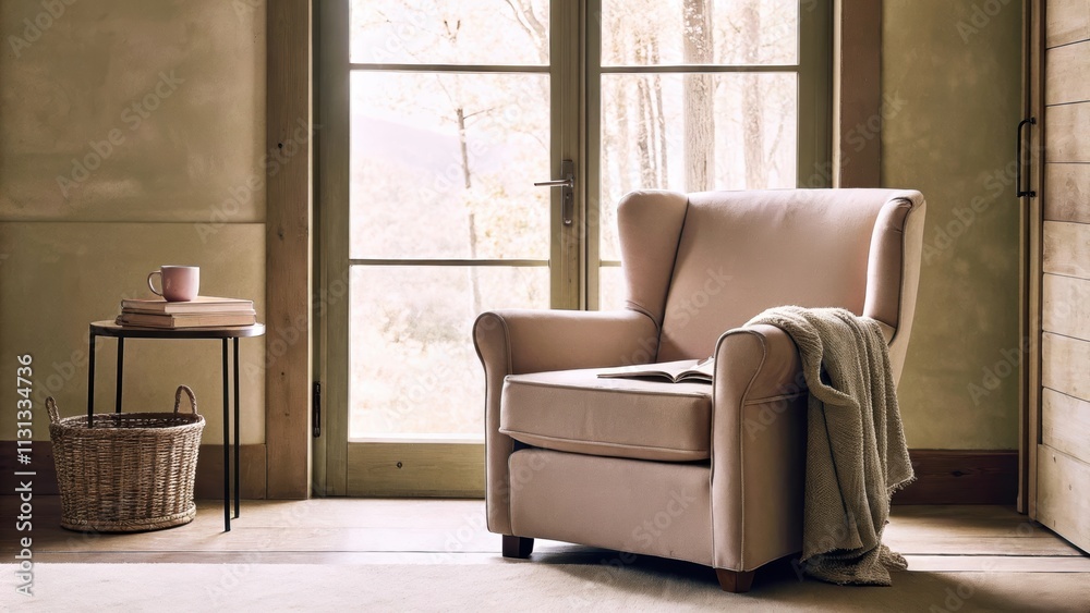 Poster A quiet reading nook nestled in front of a large window showcasing a plush comfortable armchair in muted tones. A small side table holds a steaming mug and a stack of books while a