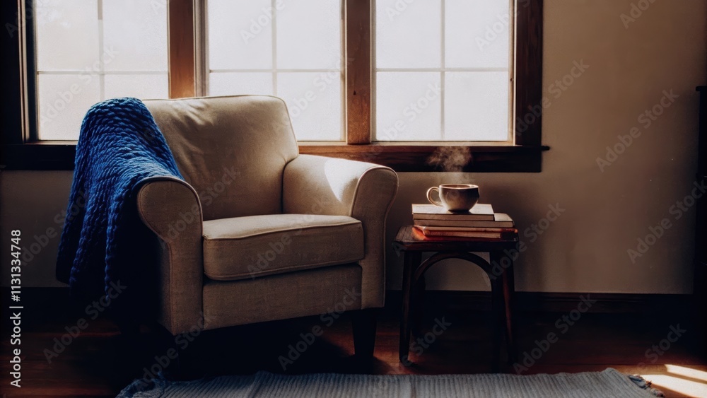 Poster A tranquil reading nook with a comfortable armchair in soft ochre a small side table holding a steaming cup of tea and a stack of books. Floortoceiling windows let in golden