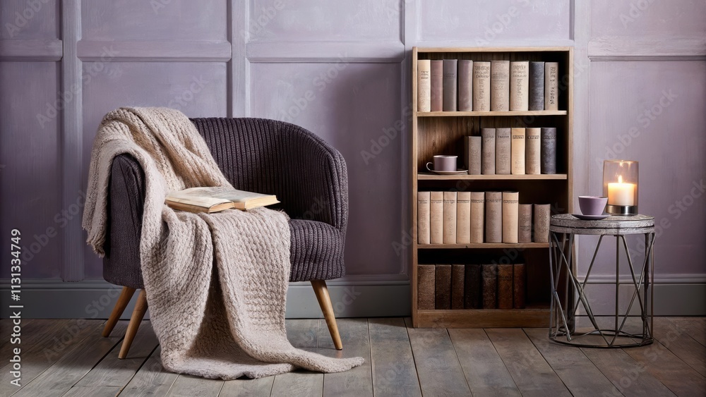 Poster an intimate reading nook with soft lavender walls a knitted throw draped over an oversized chair. a 