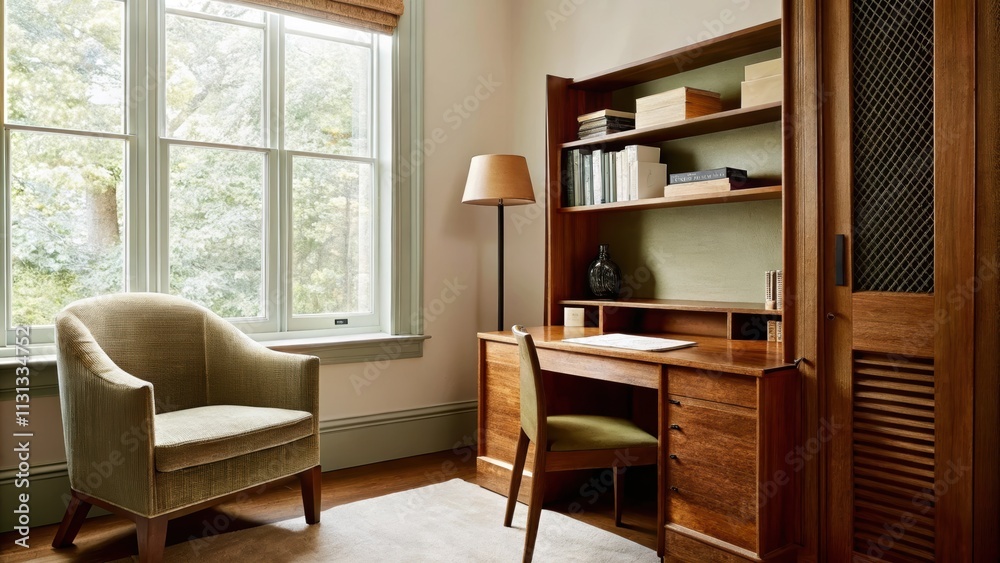 Poster a tranquil study enveloped in dusty rose tones featuring a sleek writing desk with a rich walnut fin