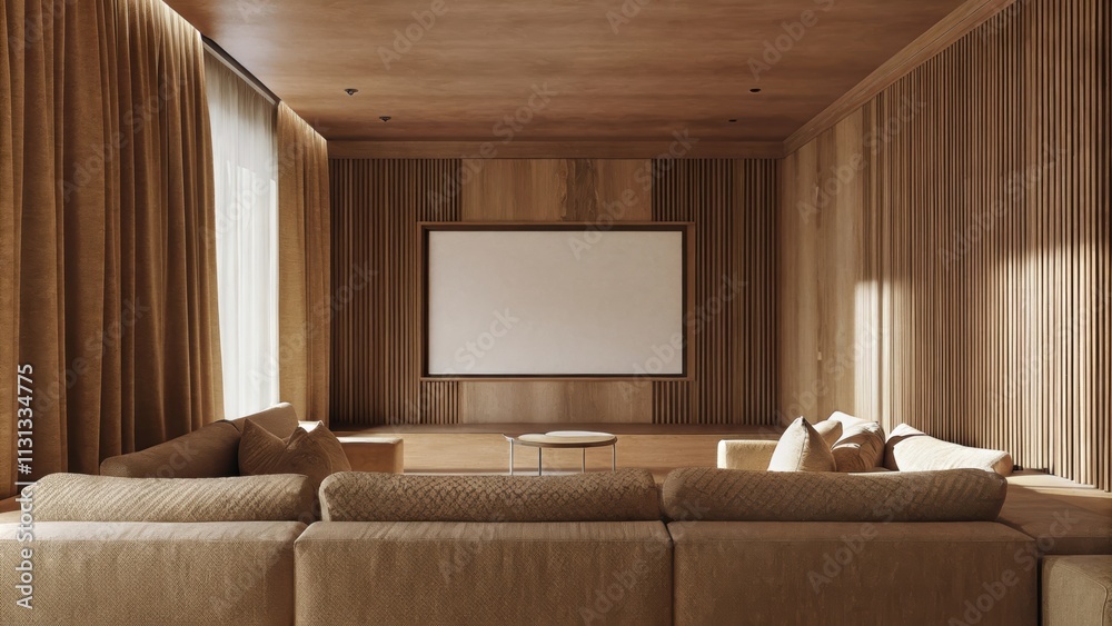 Poster A sophisticated media room featuring a muted palette of charcoal and cream with a plush sectional sofa that wraps around a low coffee table. The textured cushions add warmth while