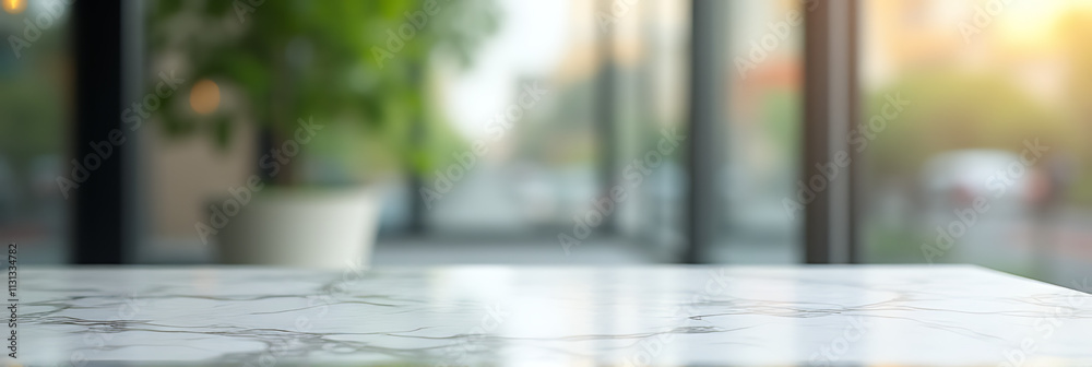 Poster A marble table top is blurred in the background with an abstract window glass reflection for a unique product display style._00001_