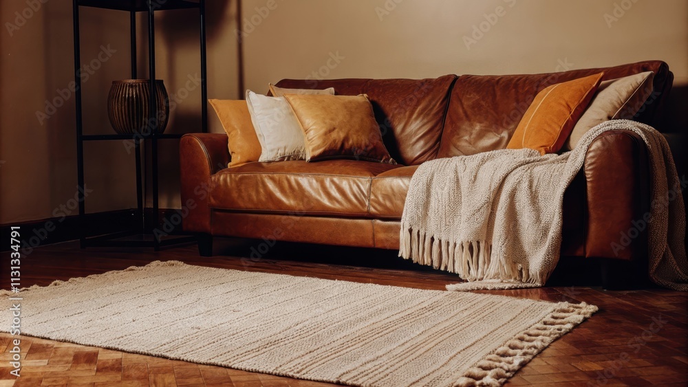 Aufkleber an inviting family room features a dark leather sofa surrounded by an array of cushions in various f