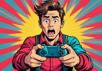 gamer pop art style holding controller shocked face vibrant comic book elements colorful