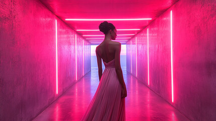 A woman in an elegant, flowing gown with an open back walking through a futuristic tunnel bathed in vibrant pink neon lights, creating a surreal and cinematic atmosphere