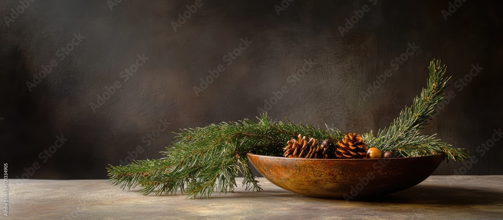 Poster Festive still life composition with spruce branch and bowl of natural elements on rustic table against a dark textured background