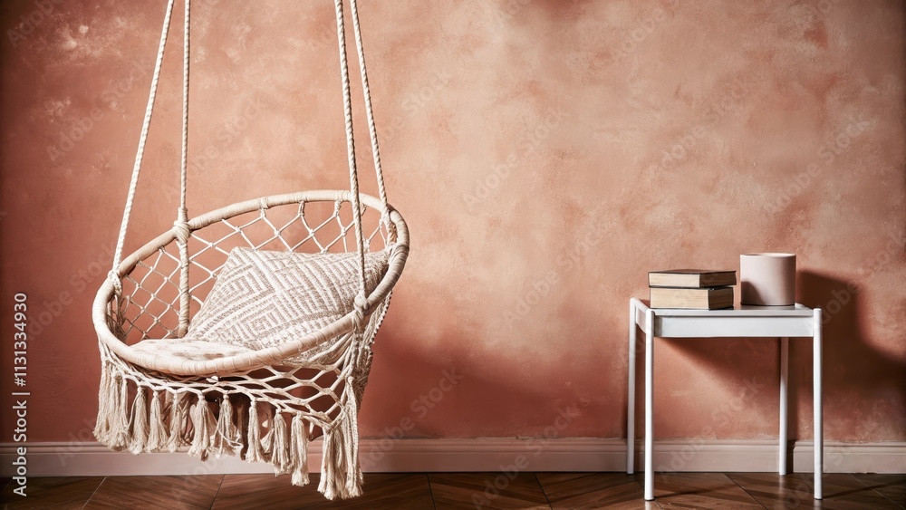 Poster a cozy reading nook with walls in gentle coral a hanging macramã© chair and pastel patterned cushion