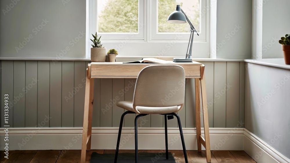 Poster a small workspace tucked into a corner with a simple wooden desk and a comfortable chair. natural li