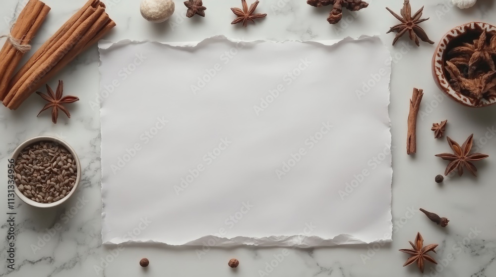 Poster Composition of blank paper surrounded by various spices and herbs on a light marble background for culinary and creative projects.