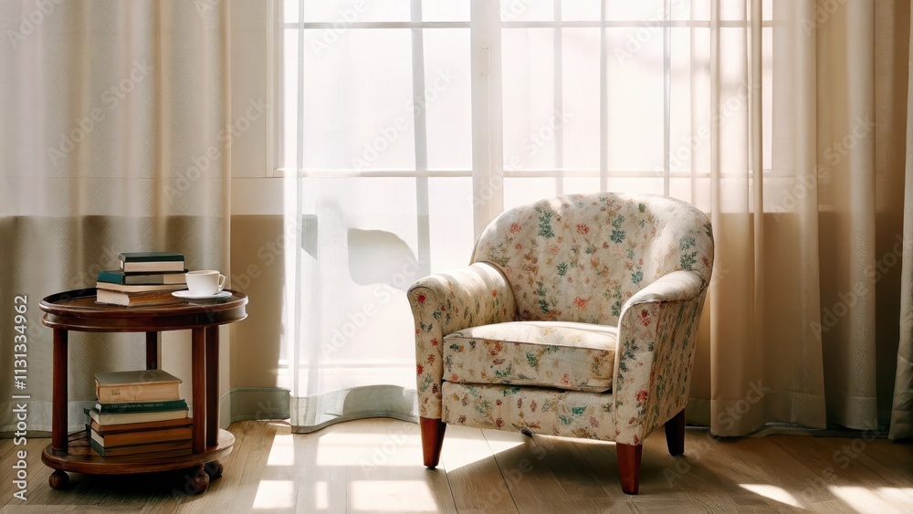 Poster A cozy reading nook highlighted by a large window draped in linen curtains. A small rounded armchair upholstered in a muted floral fabric sits next to a wooden side table stacked