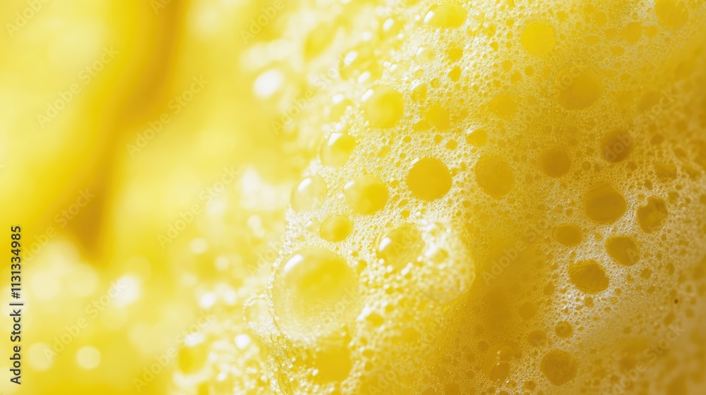 Aufkleber Macro shot of vibrant yellow sponge texture with bubbles highlighting its unique surface details and natural patterns.