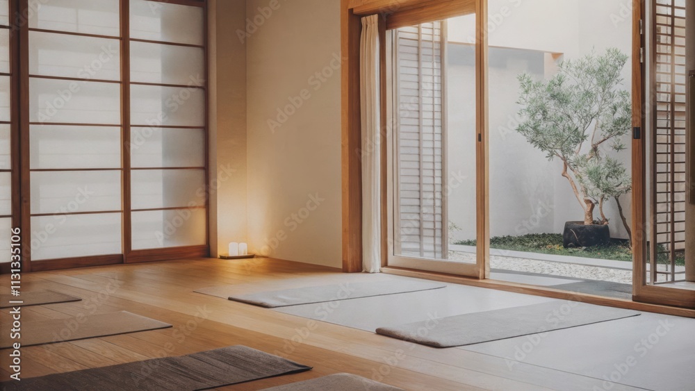 Aufkleber A serene yoga studio features light bamboo flooring and a few simple mats neatly arranged on the floor. Soft muted colors create a calming atmosphere while large windows open up to