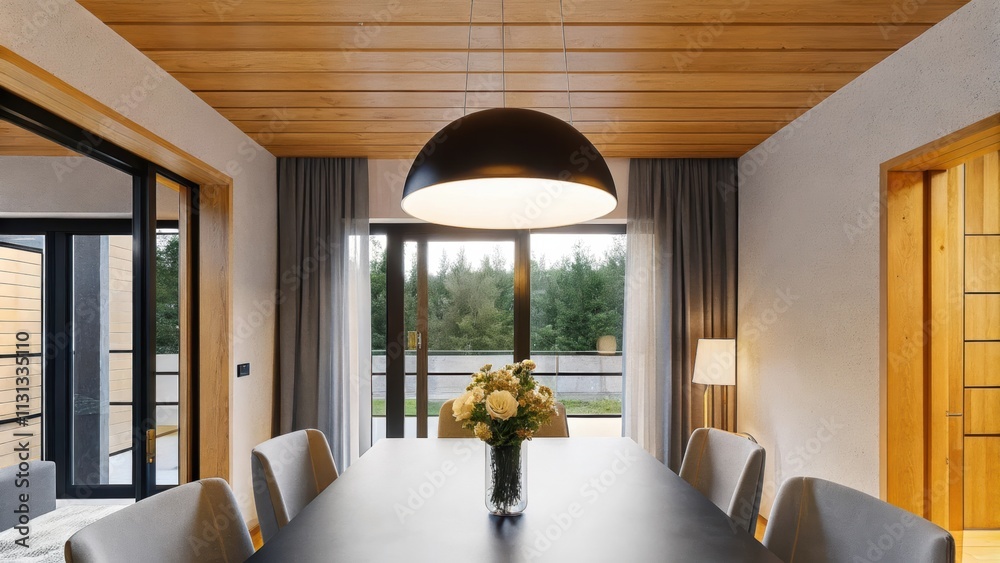 Poster A spacious dining area featuring a polished table with no more than four sleek chairs adorned only with a minimalistic centerpiece of fresh flowers bathed in light from a modern