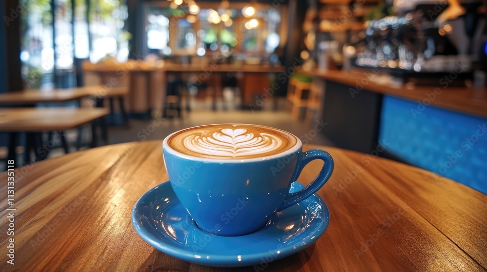 Poster coffee art in a blue cup on a rustic wooden table in a cozy cafe with warm lighting ambiance and a b