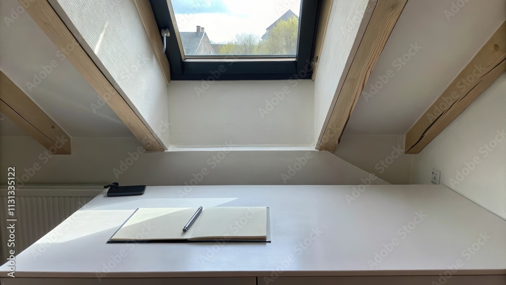 Poster An airy attic space with sloped ceilings showcasing a narrow desk against a window. The surface is nearly holding only a notepad and a single pen surrounded by natural light.