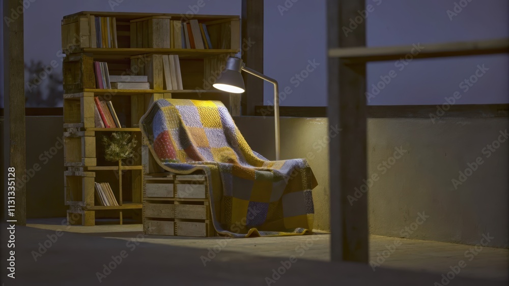 Poster a cozy reading nook filled with a handmade wool throw blanket draped over a cork chair surrounded by