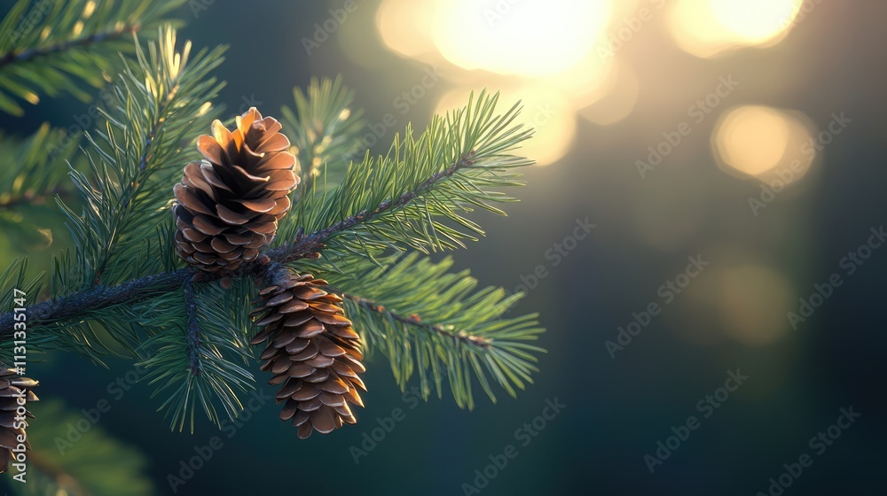 Poster christmas tree branch adorned with pinecones and soft sunlight in the background creating a serene h