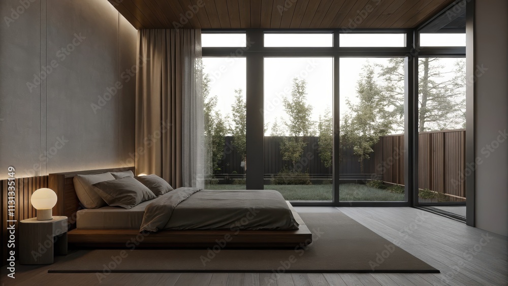 Poster a serene bedroom designed with a low platform bed and essential furnishings including a modern bedsi