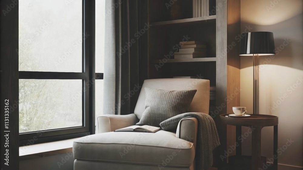 Poster a peaceful reading nook with a comfortable armchair positioned beside a large window accompanied by 