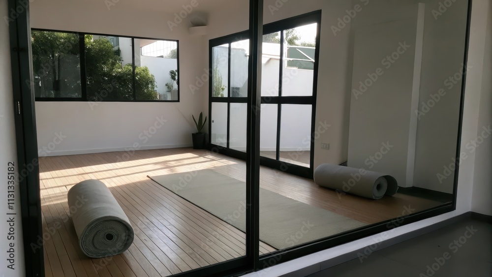 Poster a sunlit space with a sliding wall that transforms a living area into a yoga studio complete with a 