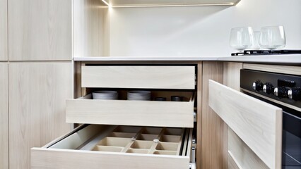 Fototapeta premium A chic kitchen adorned with lightcolored cabinetry featuring elegant pushopen drawers that hide away appliances and dishware. The streamlined design is complemented by a modern