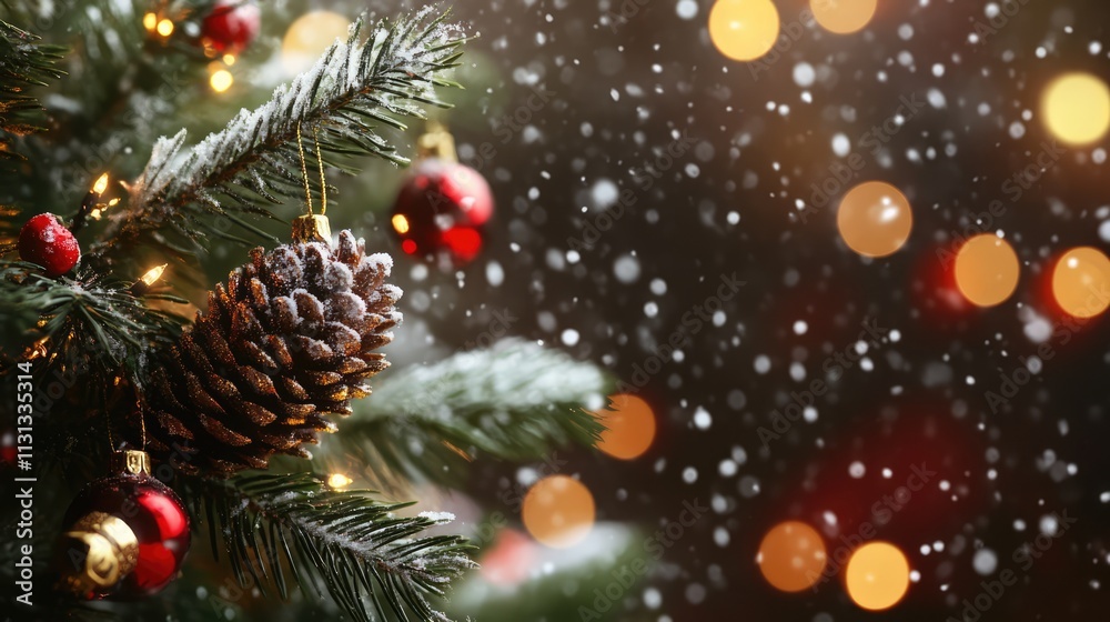 Aufkleber macro shot of a christmas tree branch with pine cone and ornaments against a blurred bokeh backgroun