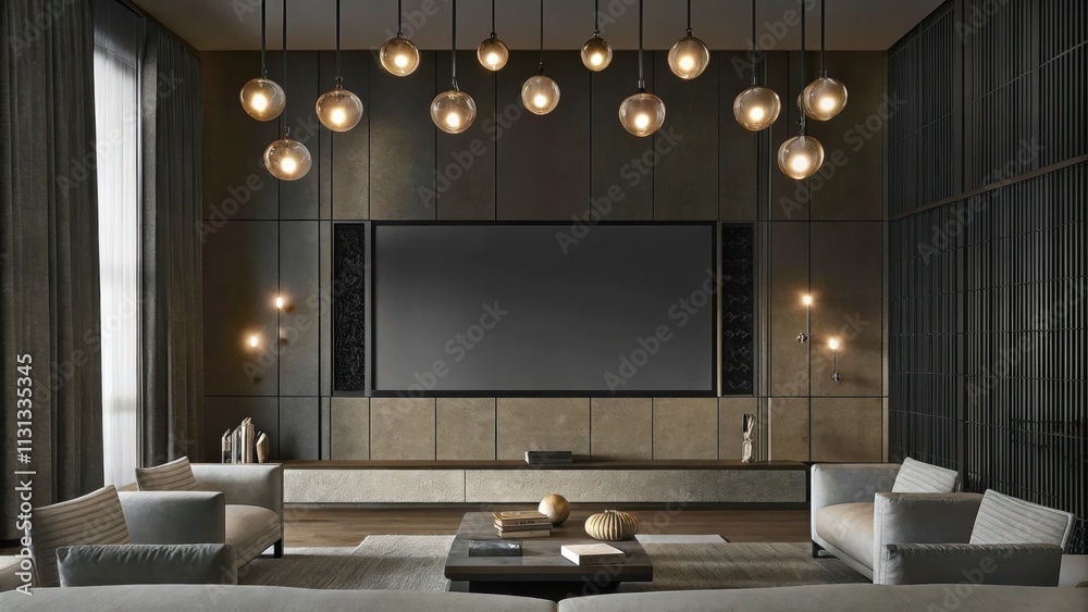 Poster A sophisticated media room with an eyecatching of pendant lights in varying heights hanging above a low coffee table surrounded by minimalist seating and a muted color scheme that