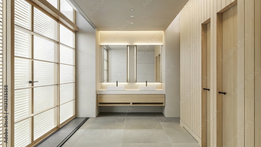 Poster A minimalist bathroom with a handcrafted vanity unit featuring clean lines and an integrated sink complemented by sleek fixtures and calming hues creating a spalike atmosphere.