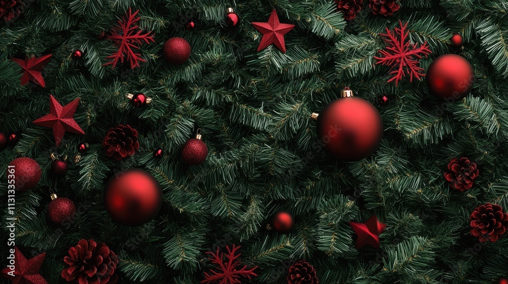 Poster Christmas holiday texture featuring red ornaments and greenery creating a festive seasonal backdrop perfect for design projects and invitations