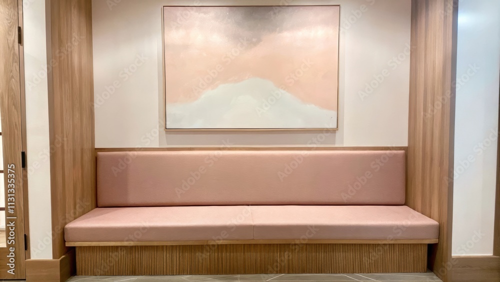 Poster an elegant entryway boasting a muted pink bench and light wood accents. a large canvas depicting sof