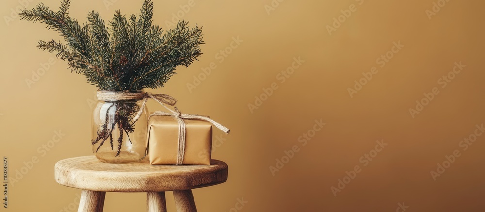 Poster christmas gifts and greenery in a jar on a wooden stool with a warm beige background creating a fest